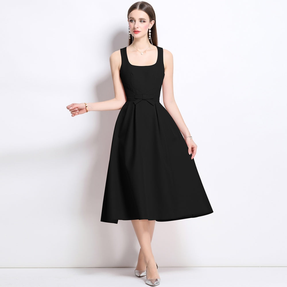 CM-DY042085 Women Elegant European Style Square Neck Sleeveless Pinched Waist Slim Mid-Length Dress - Black