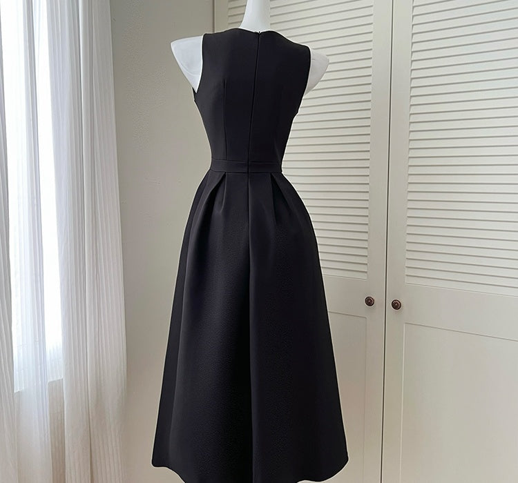 CM-DY042085 Women Elegant European Style Square Neck Sleeveless Pinched Waist Slim Mid-Length Dress - Black