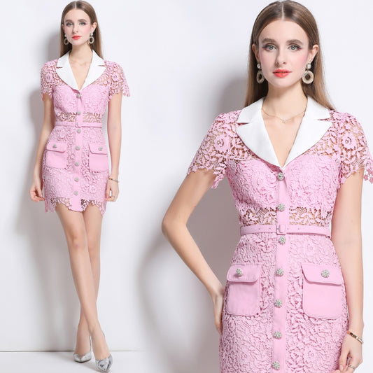 CM-DY042087 Women Elegant European Style Lace V-Neck Short Sleeve High Waist Mini Dress - Pink