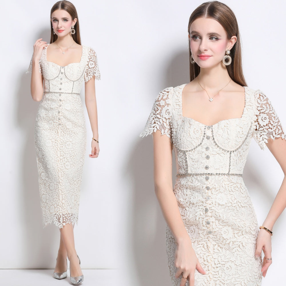 CM-DY042090 Women Elegant European Style Floral Lace Square Collar Short Sleeve Dress - Apricot