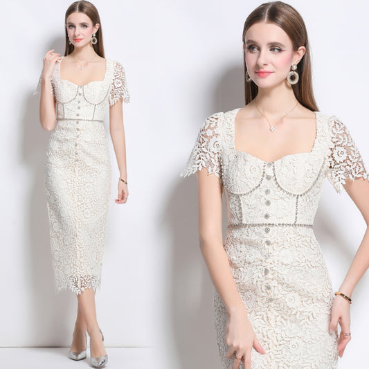 CM-DY042090 Women Elegant European Style Floral Lace Square Collar Short Sleeve Dress - Apricot