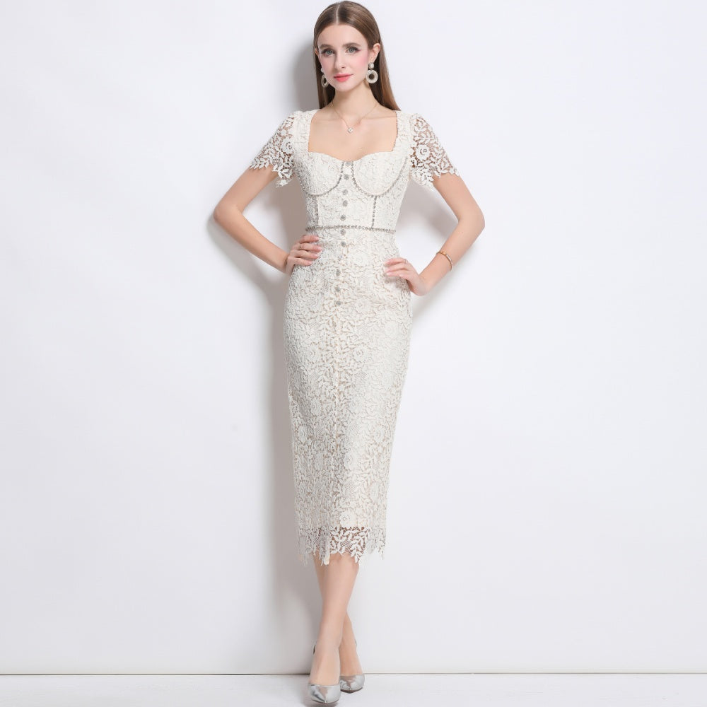 CM-DY042090 Women Elegant European Style Floral Lace Square Collar Short Sleeve Dress - Apricot