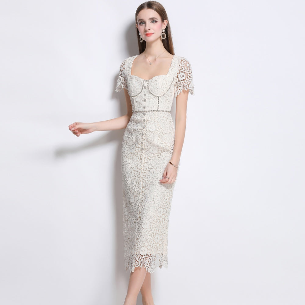 CM-DY042090 Women Elegant European Style Floral Lace Square Collar Short Sleeve Dress - Apricot
