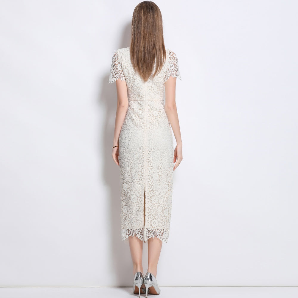 CM-DY042090 Women Elegant European Style Floral Lace Square Collar Short Sleeve Dress - Apricot