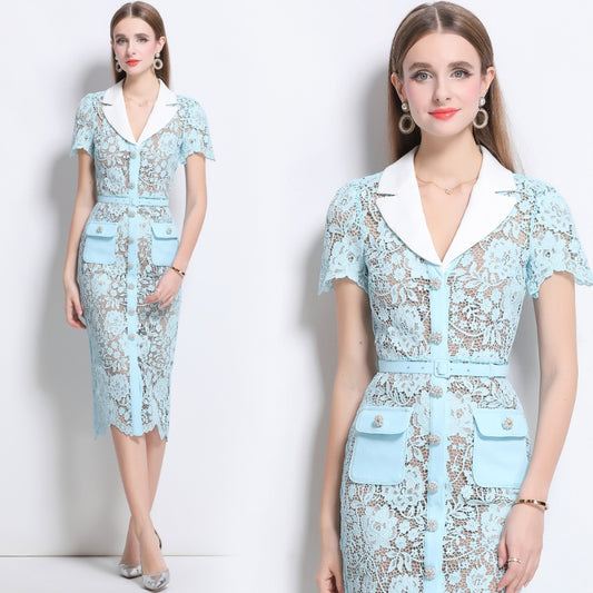 CM-DY042091 Women Elegant European Style V-Neck Short Sleeve Mid-Length Dress - Blue