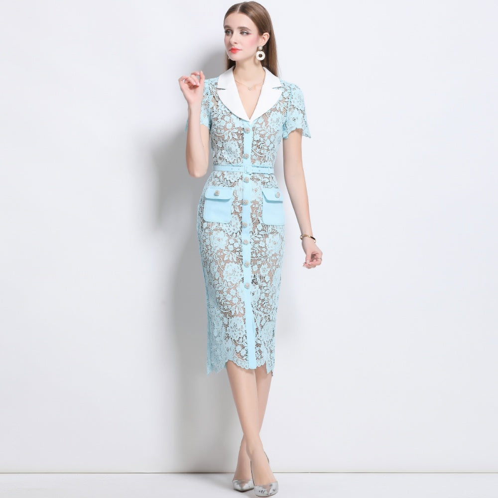 CM-DY042091 Women Elegant European Style V-Neck Short Sleeve Mid-Length Dress - Blue