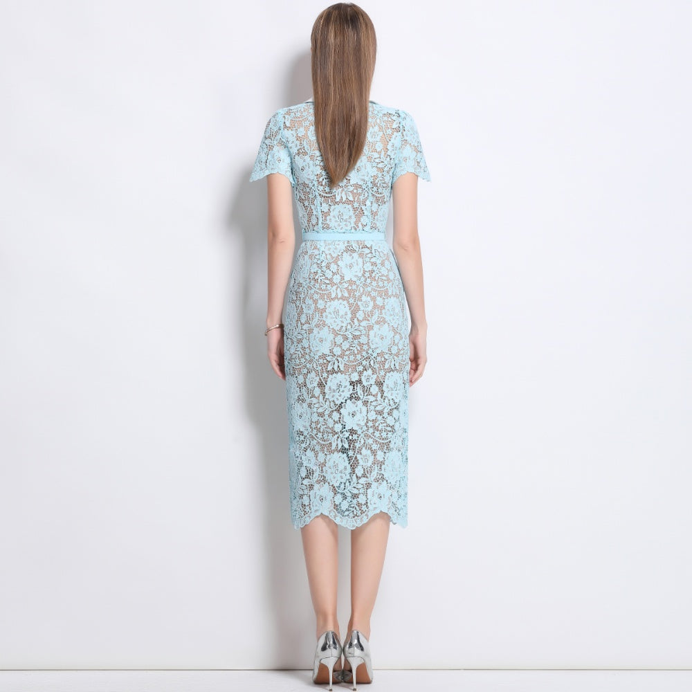 CM-DY042091 Women Elegant European Style V-Neck Short Sleeve Mid-Length Dress - Blue