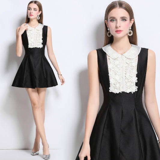 CM-DY042092 Women Elegant European Style Doll Collar Lace Sleeveless A-Line Mini Dress - Black