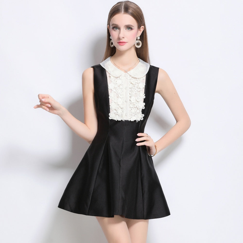 CM-DY042092 Women Elegant European Style Doll Collar Lace Sleeveless A-Line Mini Dress - Black