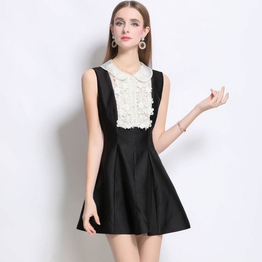 CM-DY042092 Women Elegant European Style Doll Collar Lace Sleeveless A-Line Mini Dress - Black
