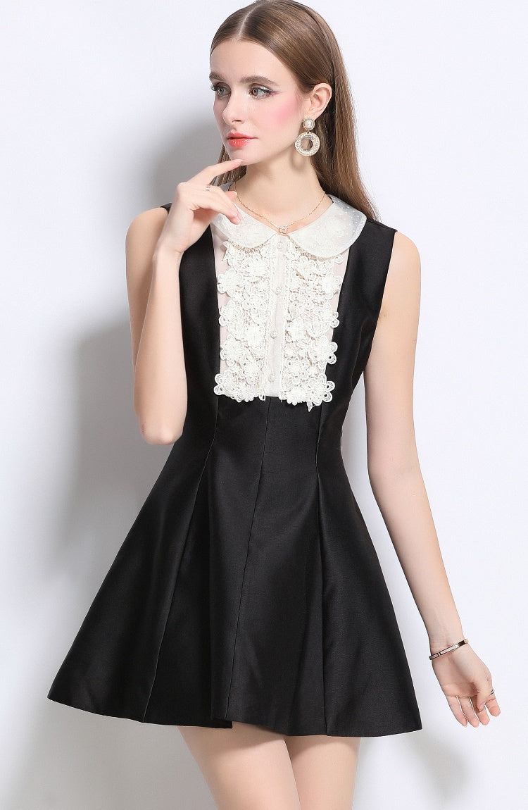 CM-DY042092 Women Elegant European Style Doll Collar Lace Sleeveless A-Line Mini Dress - Black