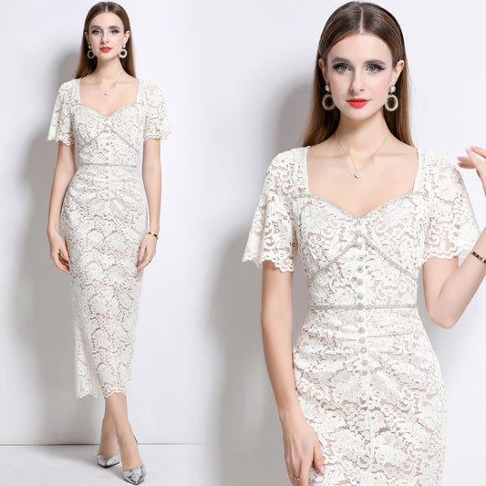 CM-DY042093 Women Elegant European Style Square Collar Short Sleeve Lace Mid-Length Dress - Apricot