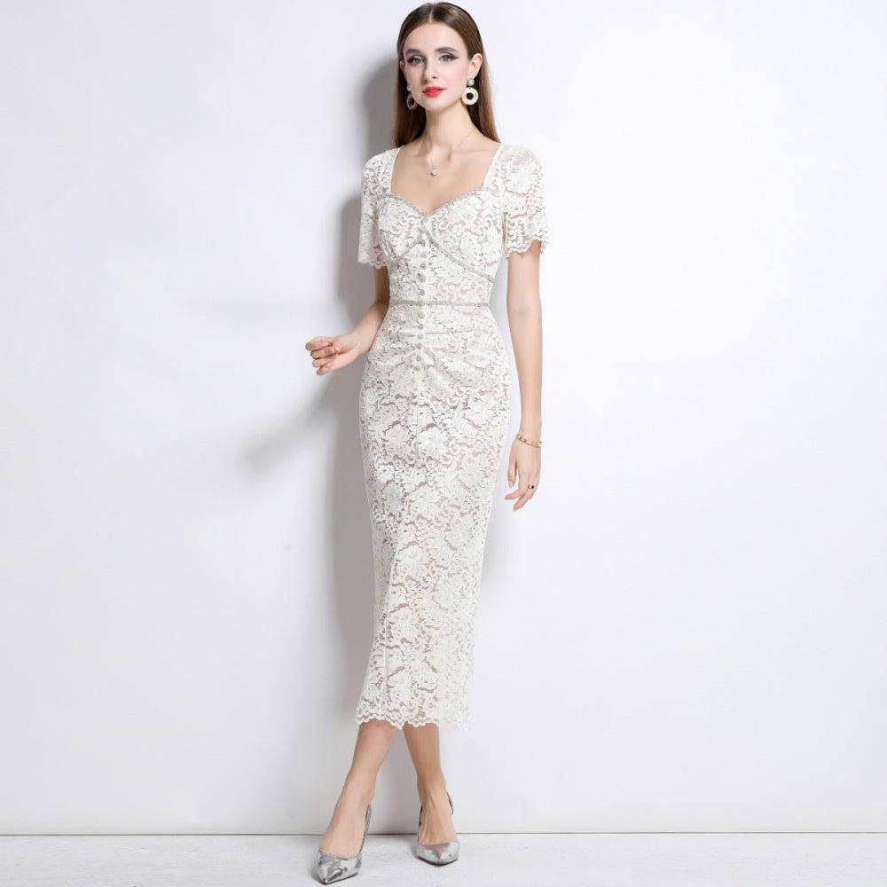 CM-DY042093 Women Elegant European Style Square Collar Short Sleeve Lace Mid-Length Dress - Apricot
