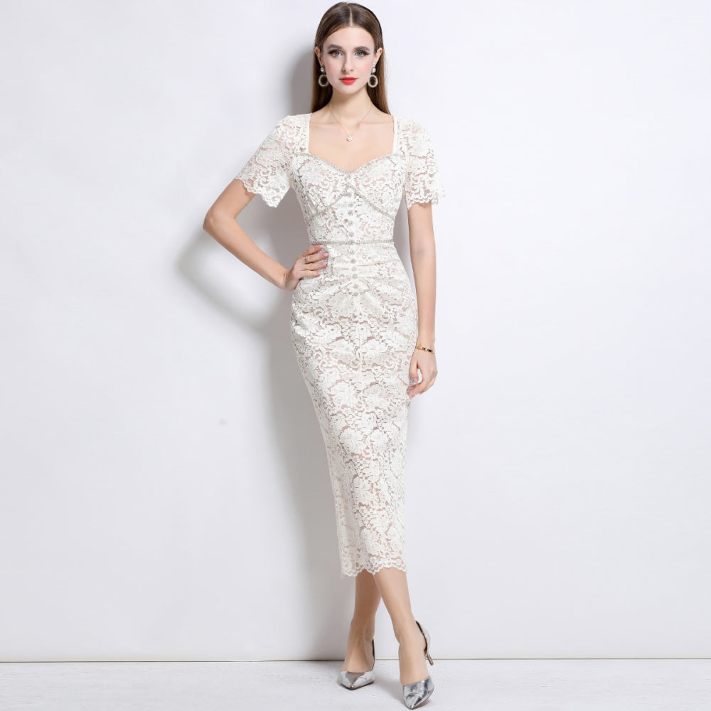 CM-DY042093 Women Elegant European Style Square Collar Short Sleeve Lace Mid-Length Dress - Apricot
