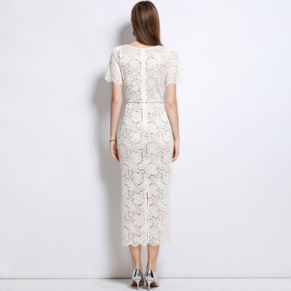 CM-DY042093 Women Elegant European Style Square Collar Short Sleeve Lace Mid-Length Dress - Apricot