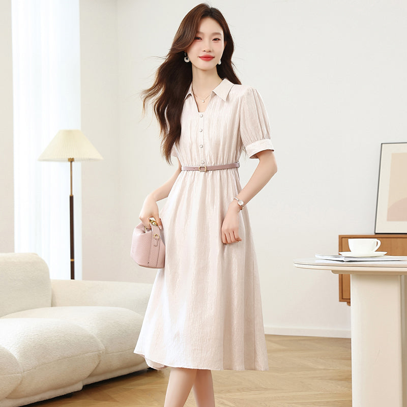 CM-DY042100 Women Casual Seoul Style V-Neck Short Sleeve A-Line Midi Dress - Light Pink