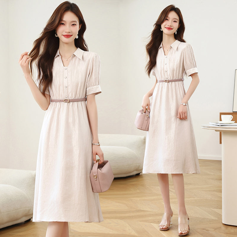 CM-DY042100 Women Casual Seoul Style V-Neck Short Sleeve A-Line Midi Dress - Light Pink