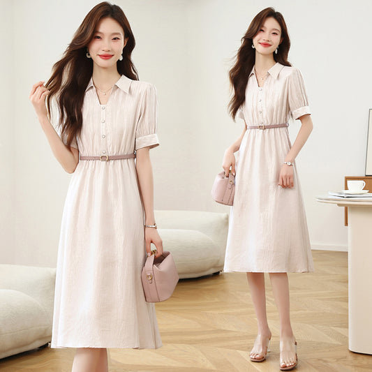 CM-DY042100 Women Casual Seoul Style V-Neck Short Sleeve A-Line Midi Dress - Light Pink