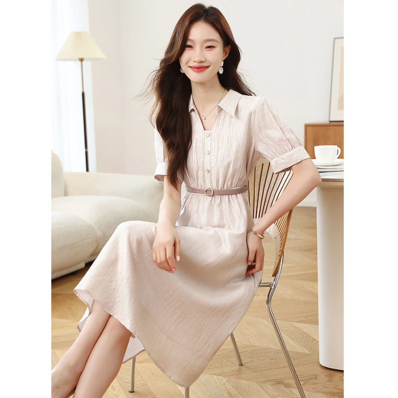 CM-DY042100 Women Casual Seoul Style V-Neck Short Sleeve A-Line Midi Dress - Light Pink