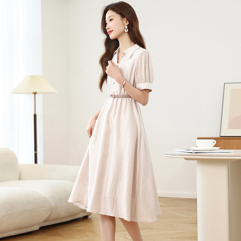 CM-DY042100 Women Casual Seoul Style V-Neck Short Sleeve A-Line Midi Dress - Light Pink
