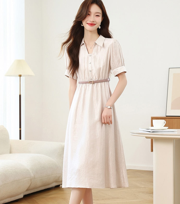 CM-DY042100 Women Casual Seoul Style V-Neck Short Sleeve A-Line Midi Dress - Light Pink
