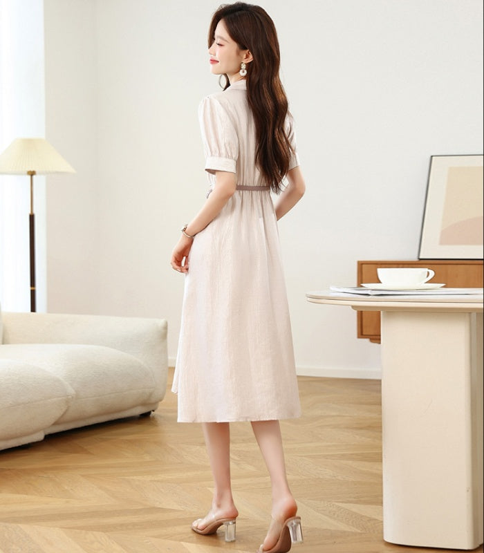 CM-DY042100 Women Casual Seoul Style V-Neck Short Sleeve A-Line Midi Dress - Light Pink
