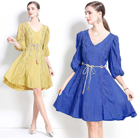 CM-DY042101 Women Trendy Bohemian Style Lace V-Neck Long Sleeve Pinched Waist Dress (Available in 2 colors)