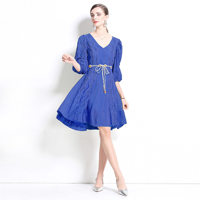 CM-DY042101 Women Trendy Bohemian Style Lace V-Neck Long Sleeve Pinched Waist Dress (Available in 2 colors)