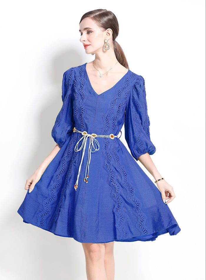 CM-DY042101 Women Trendy Bohemian Style Lace V-Neck Long Sleeve Pinched Waist Dress (Available in 2 colors)