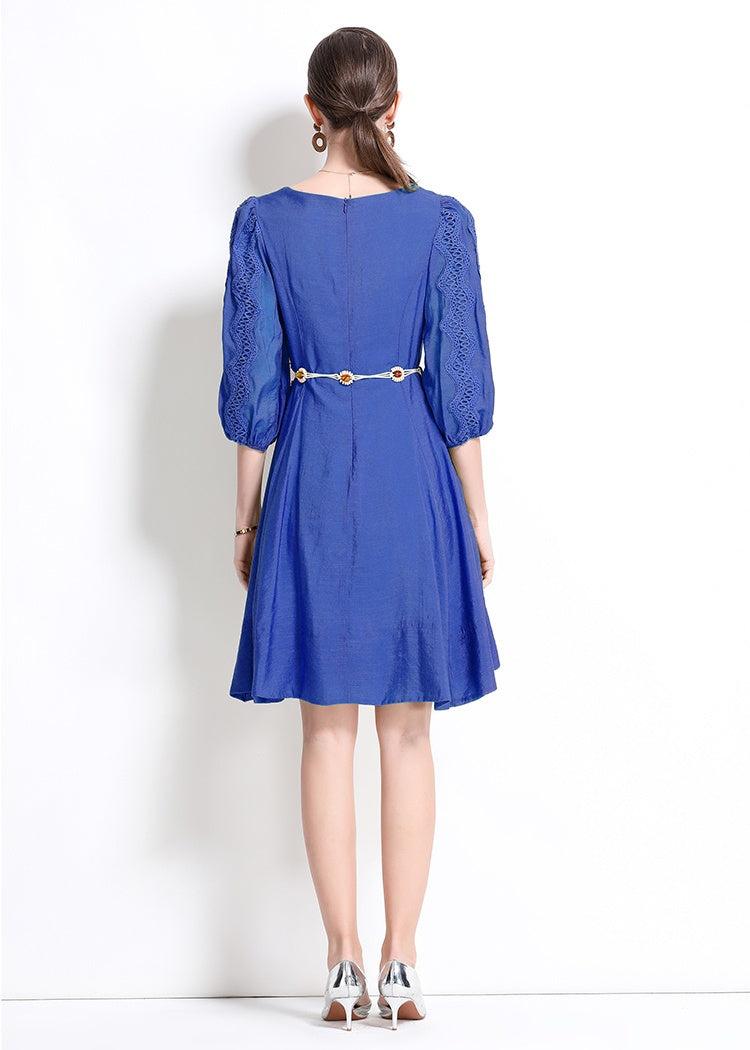 CM-DY042101 Women Trendy Bohemian Style Lace V-Neck Long Sleeve Pinched Waist Dress (Available in 2 colors)