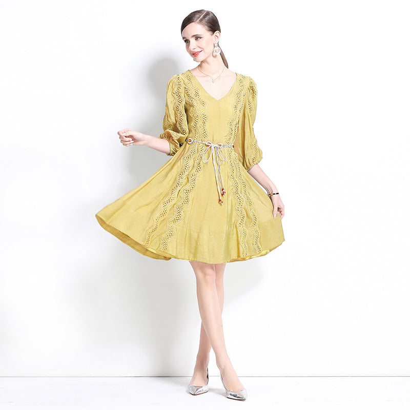 CM-DY042101 Women Trendy Bohemian Style Lace V-Neck Long Sleeve Pinched Waist Dress (Available in 2 colors)