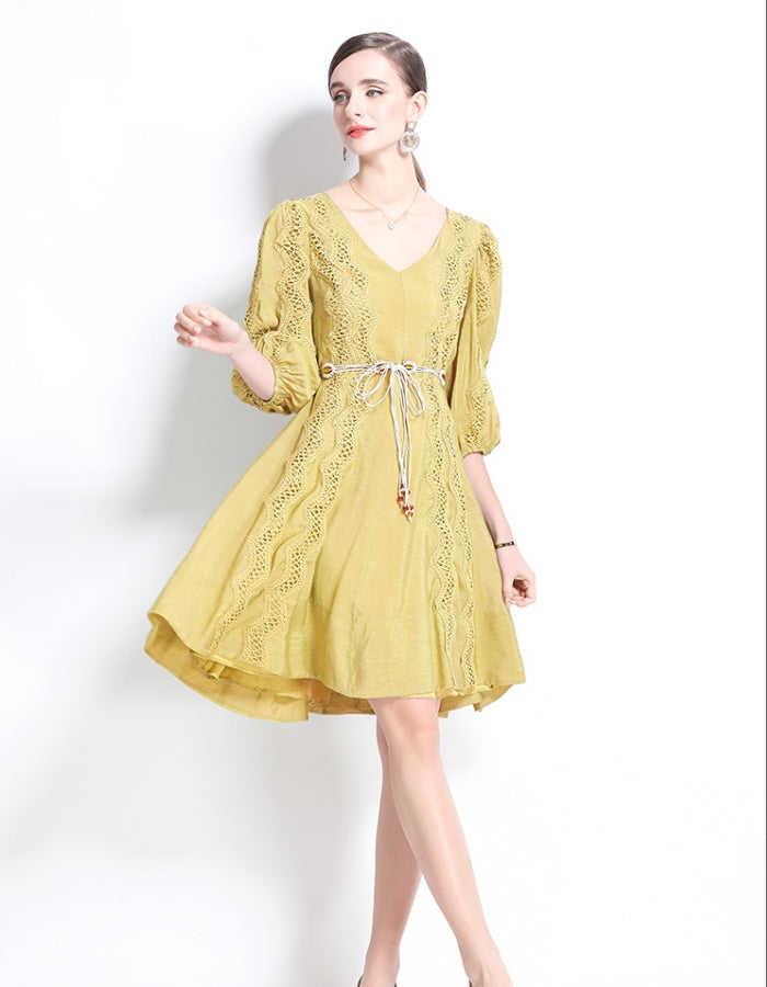 CM-DY042101 Women Trendy Bohemian Style Lace V-Neck Long Sleeve Pinched Waist Dress (Available in 2 colors)