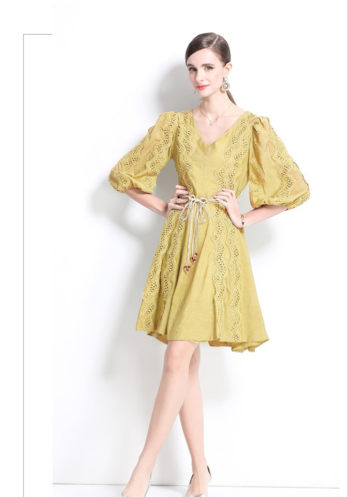 CM-DY042101 Women Trendy Bohemian Style Lace V-Neck Long Sleeve Pinched Waist Dress (Available in 2 colors)