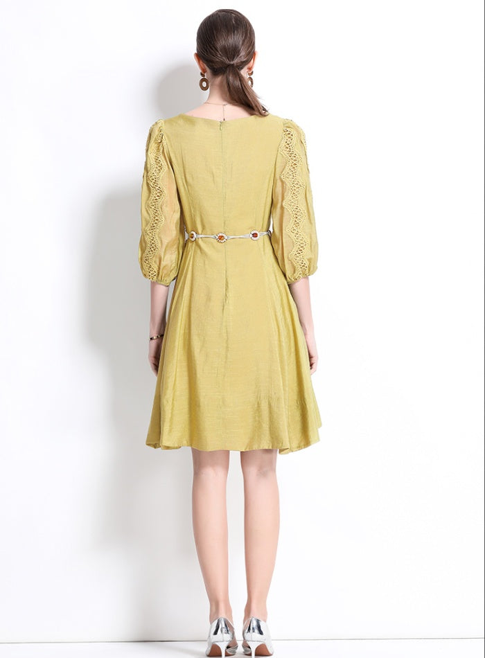 CM-DY042101 Women Trendy Bohemian Style Lace V-Neck Long Sleeve Pinched Waist Dress (Available in 2 colors)