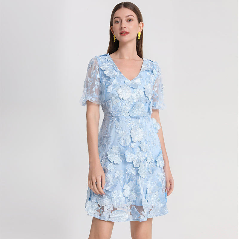 CM-DY042172 Women Elegant European Style V-Neck Puff Sleeve Floral Embroidered Mini Dress - Blue