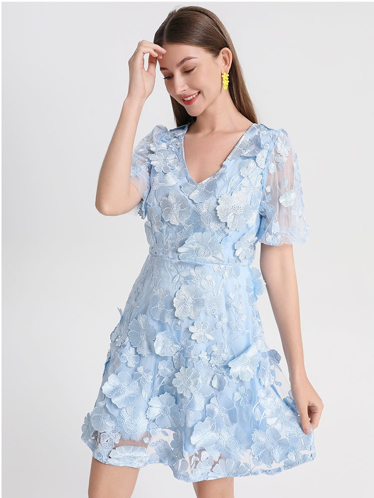 CM-DY042172 Women Elegant European Style V-Neck Puff Sleeve Floral Embroidered Mini Dress - Blue