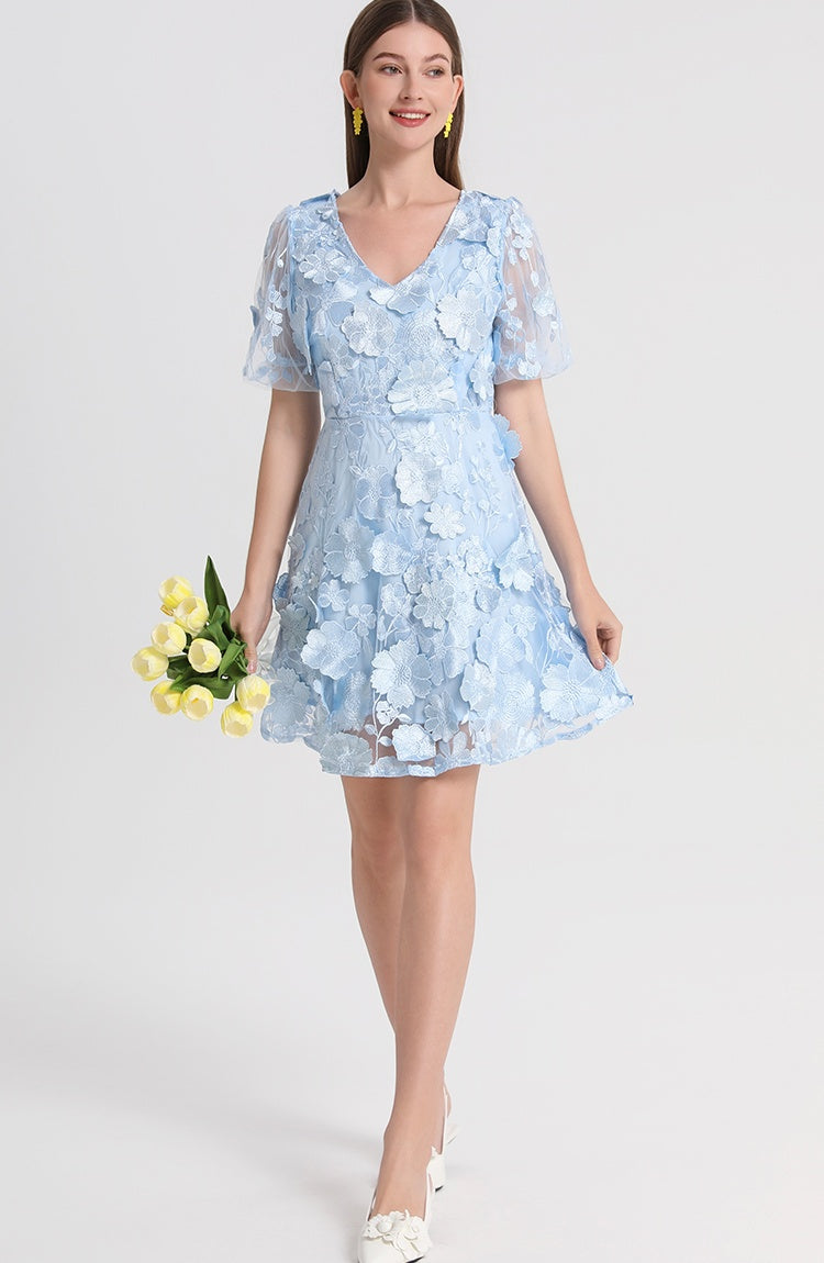 CM-DY042172 Women Elegant European Style V-Neck Puff Sleeve Floral Embroidered Mini Dress - Blue