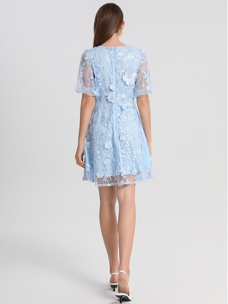 CM-DY042172 Women Elegant European Style V-Neck Puff Sleeve Floral Embroidered Mini Dress - Blue