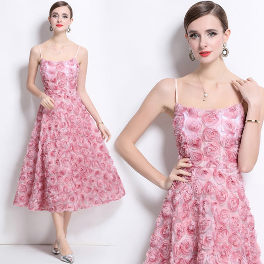 CM-DY042177 Women Elegant European Style Lace Strapless High Waist Mid-Length Dress - Pink