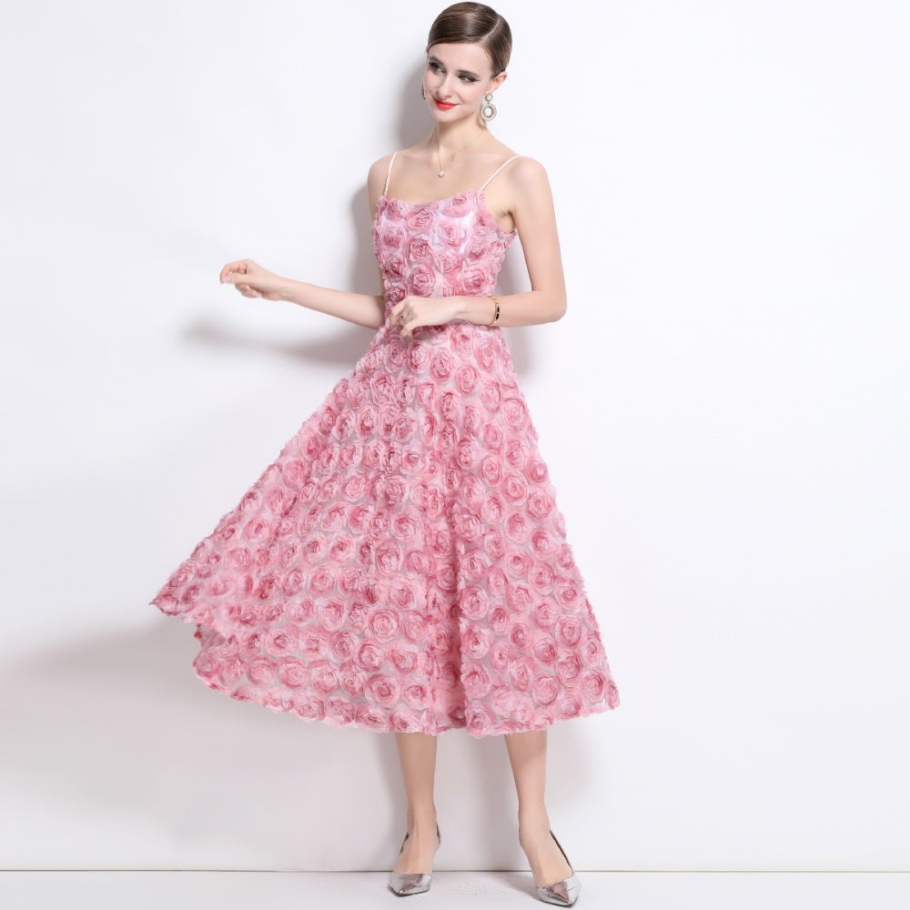 CM-DY042177 Women Elegant European Style Lace Strapless High Waist Mid-Length Dress - Pink