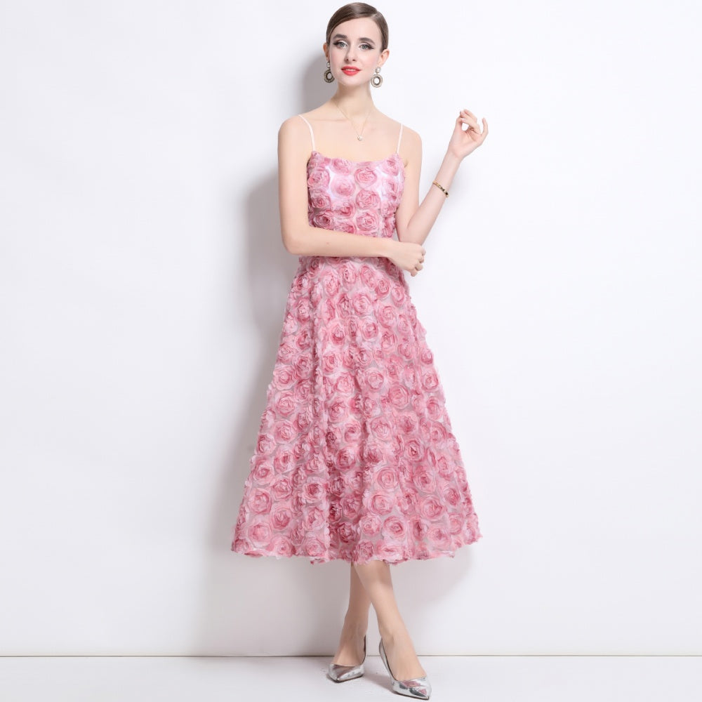 CM-DY042177 Women Elegant European Style Lace Strapless High Waist Mid-Length Dress - Pink