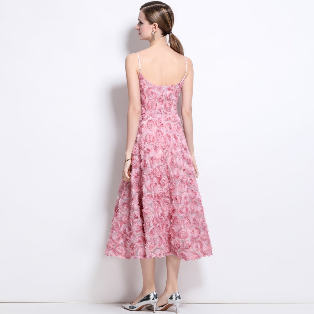 CM-DY042177 Women Elegant European Style Lace Strapless High Waist Mid-Length Dress - Pink