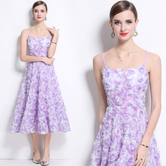 CM-DY042178 Women Elegant European Style Lace Strapless High Waist Mid-Length Dress - Purple