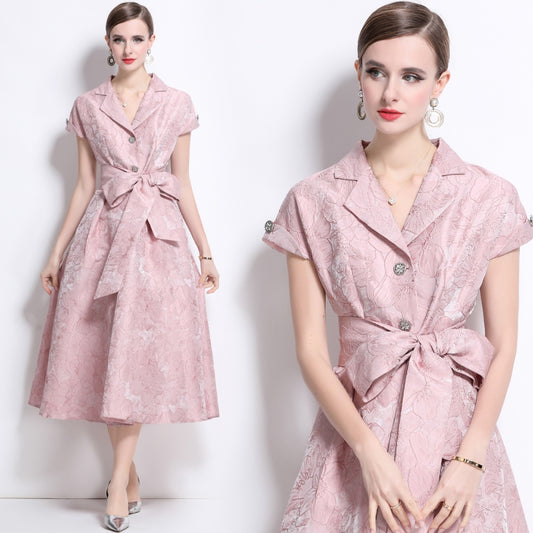 CM-DY042179 Women Elegant European Style Jacquard V-Neck Cap Sleeve Mid-Length Dress - Pink