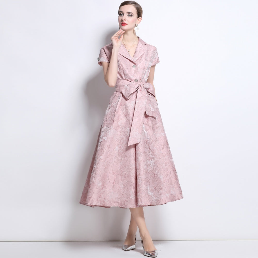 CM-DY042179 Women Elegant European Style Jacquard V-Neck Cap Sleeve Mid-Length Dress - Pink