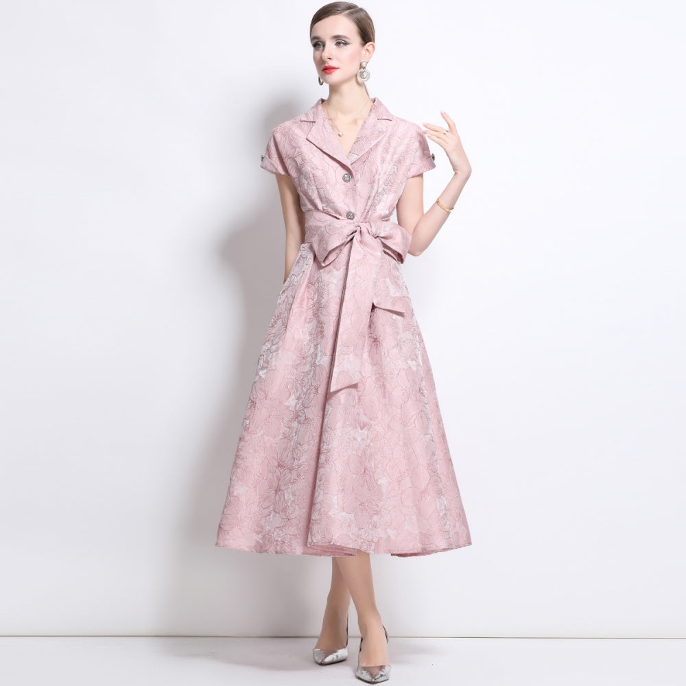 CM-DY042179 Women Elegant European Style Jacquard V-Neck Cap Sleeve Mid-Length Dress - Pink