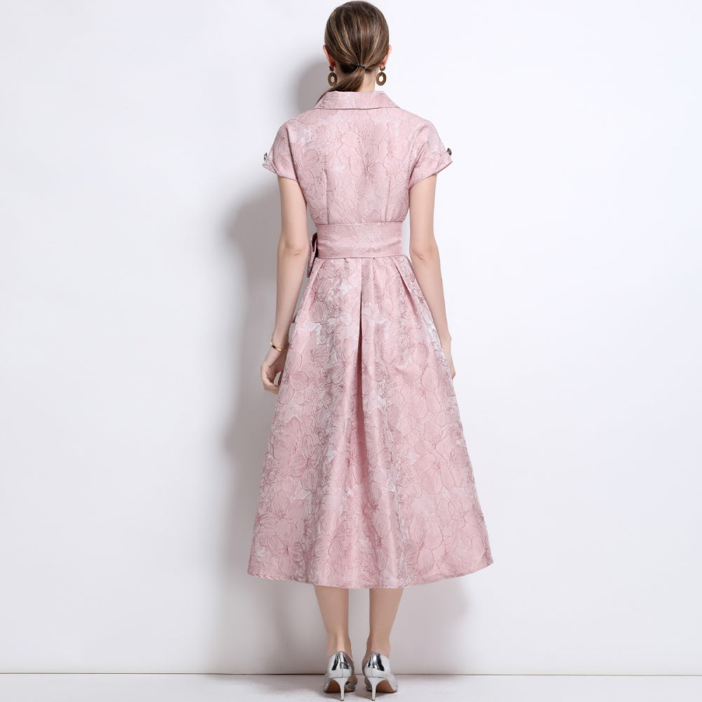 CM-DY042179 Women Elegant European Style Jacquard V-Neck Cap Sleeve Mid-Length Dress - Pink