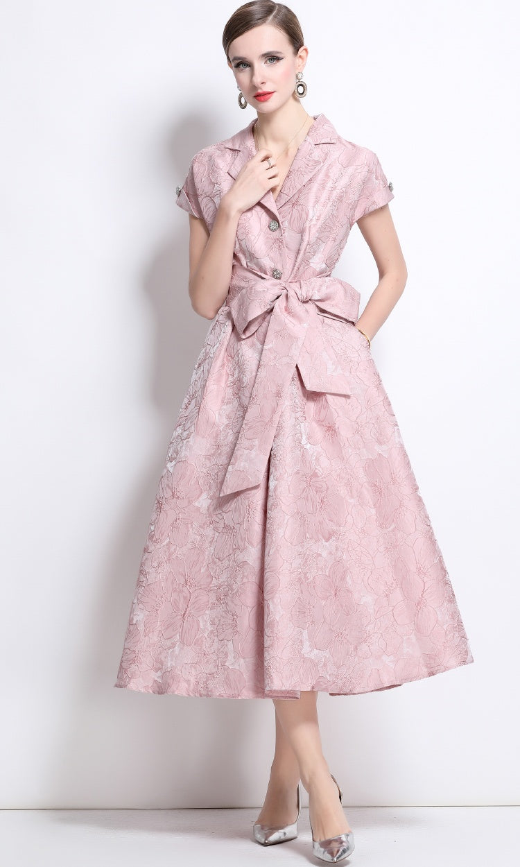 CM-DY042179 Women Elegant European Style Jacquard V-Neck Cap Sleeve Mid-Length Dress - Pink