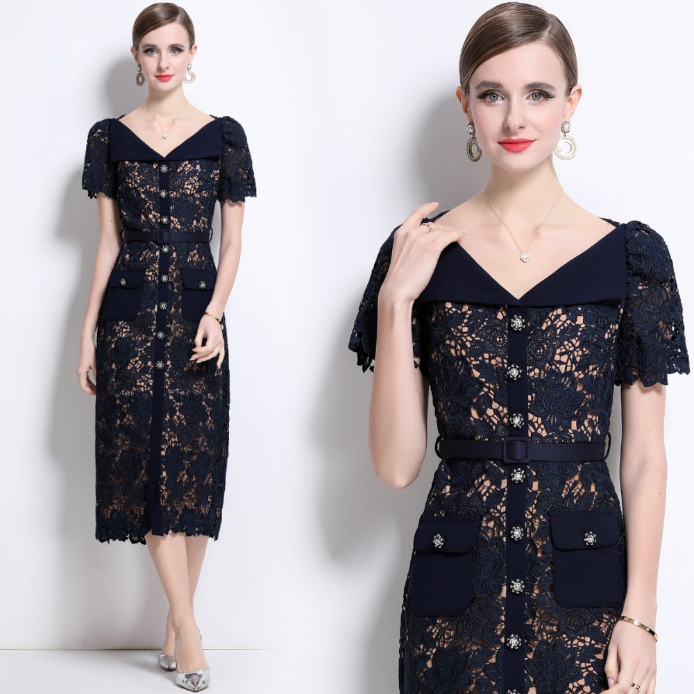 CM-DY042186 Women Elegant European Style Hollow V-Neck Short Sleeve Midi Dress With Belt - Navy Blue