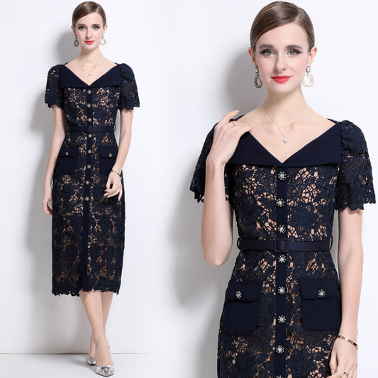 CM-DY042186 Women Elegant European Style Hollow V-Neck Short Sleeve Midi Dress With Belt - Navy Blue